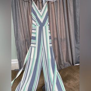 Teal, blue, white stripped romper, small, Monteau